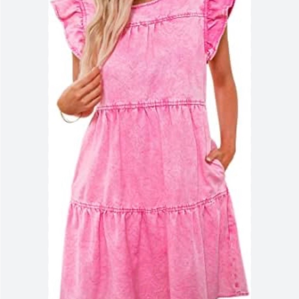 Women's Pink Tiered Mini Dress with Ruffle Sleeves